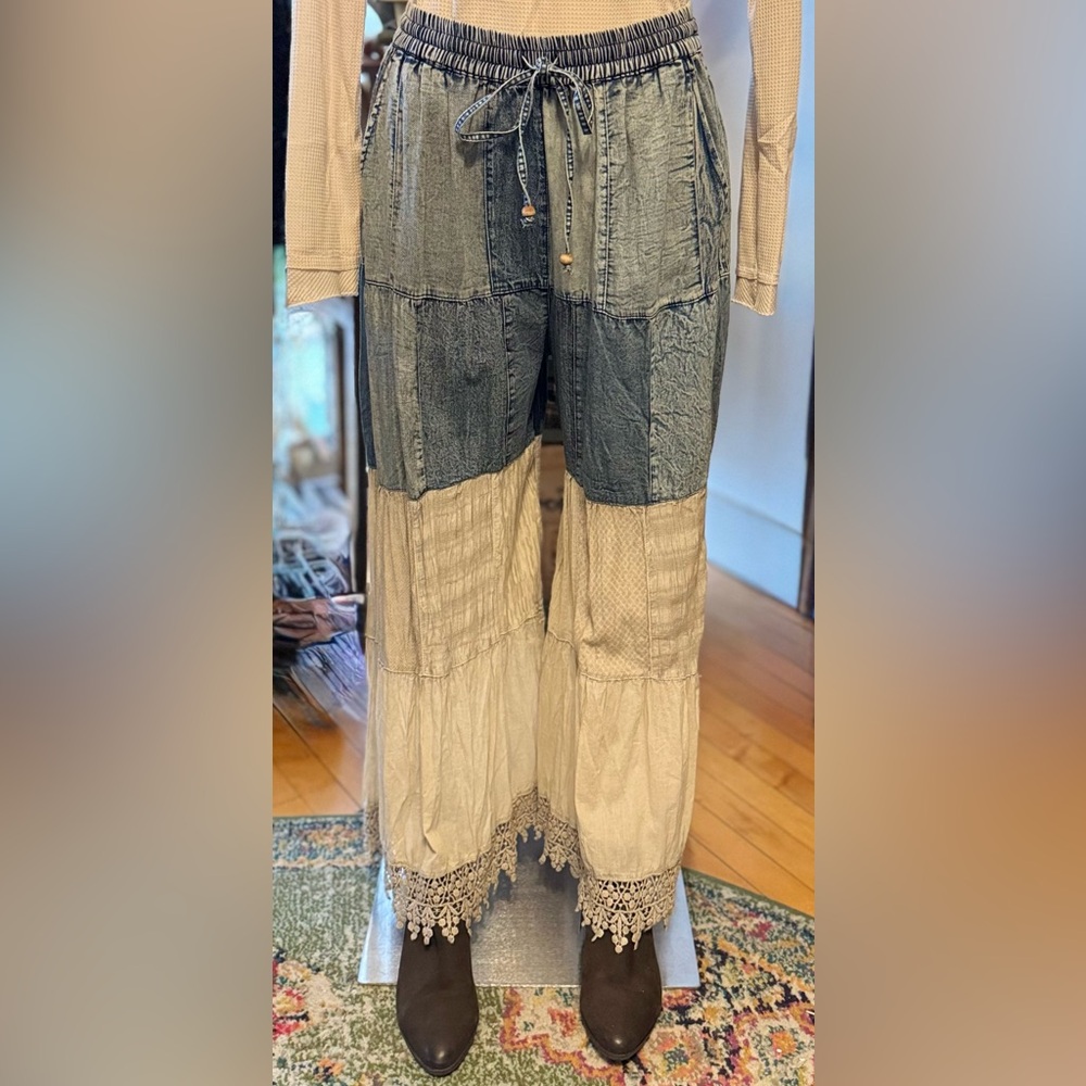 Young Threads Boho Tiered Patchwork Wide Leg Pants-NWT